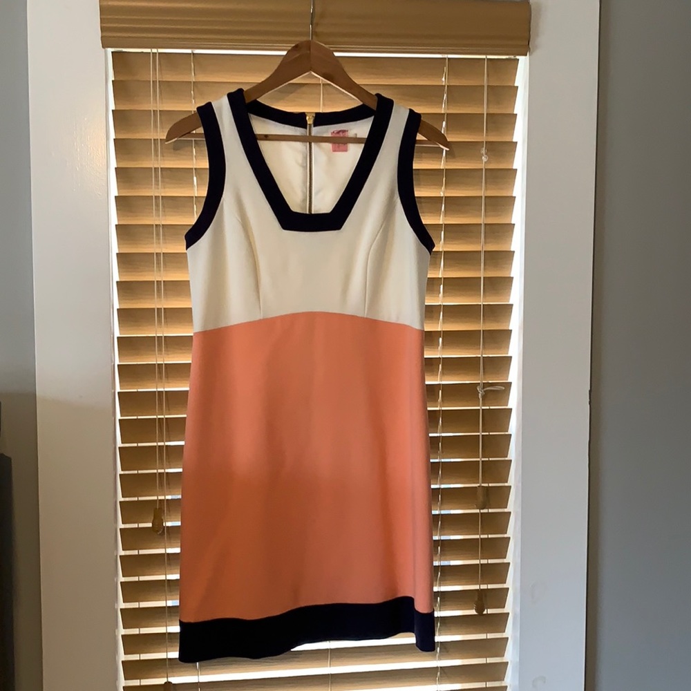 Shoshanna white, peach, navy, color block dress 4